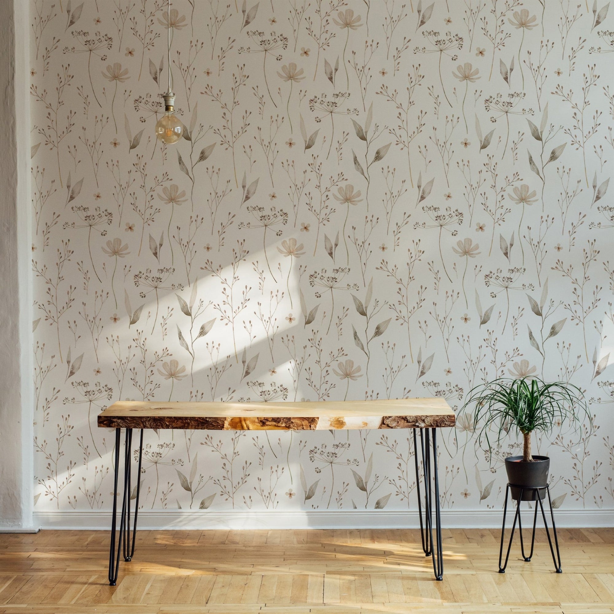 Watercolor Seamless Pattern Ethereal Leaf Wallpaper on living room wall with wood table
