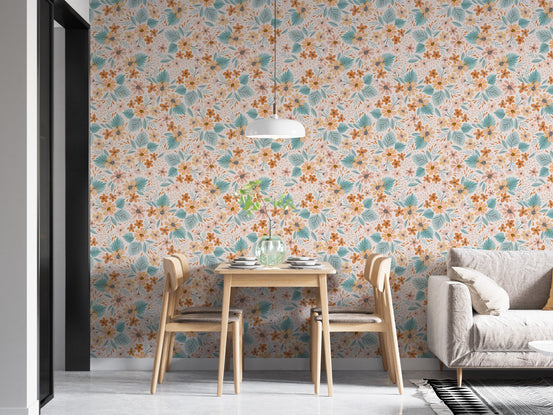 Modern apartment dining room with Watercolor Small Pattern Floral Pastel Colors Wallpaper.