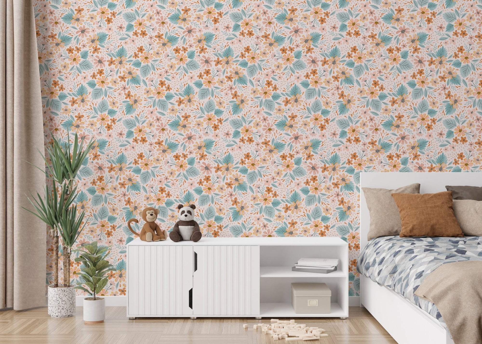 Floral wallpaper in a bedroom with a white cabinet and green potted plants.