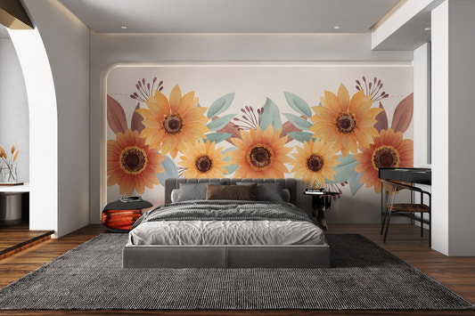 Watercolor sunflower floral wallpaper with yellow petals and teal leaves.