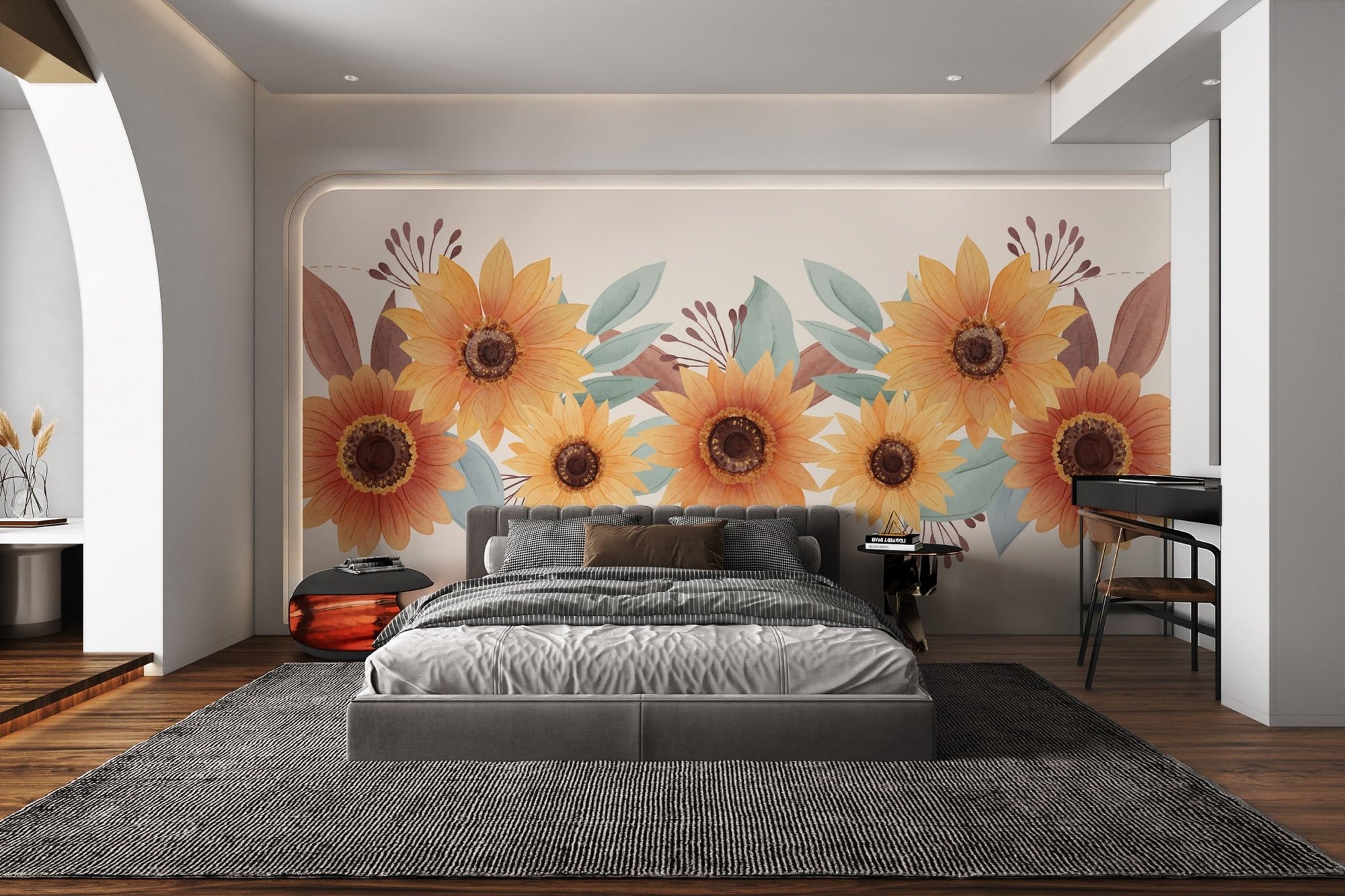 Watercolor sunflower floral wallpaper with yellow petals and teal leaves.