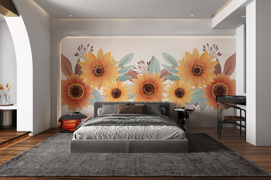 Watercolor sunflower floral wallpaper with yellow petals and teal leaves.