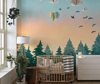 Scenic tropical sunset mural in watercolor style.
