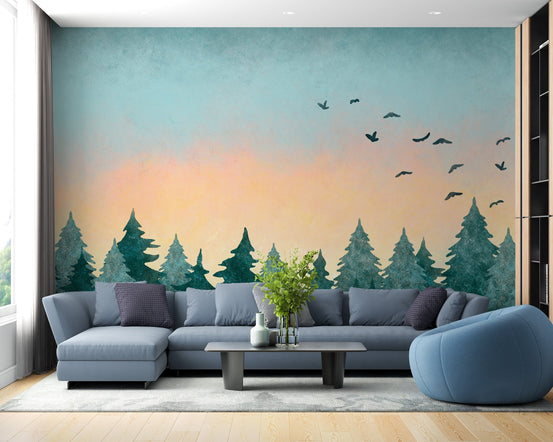 Watercolor tropical sunset mural for calming living spaces.
