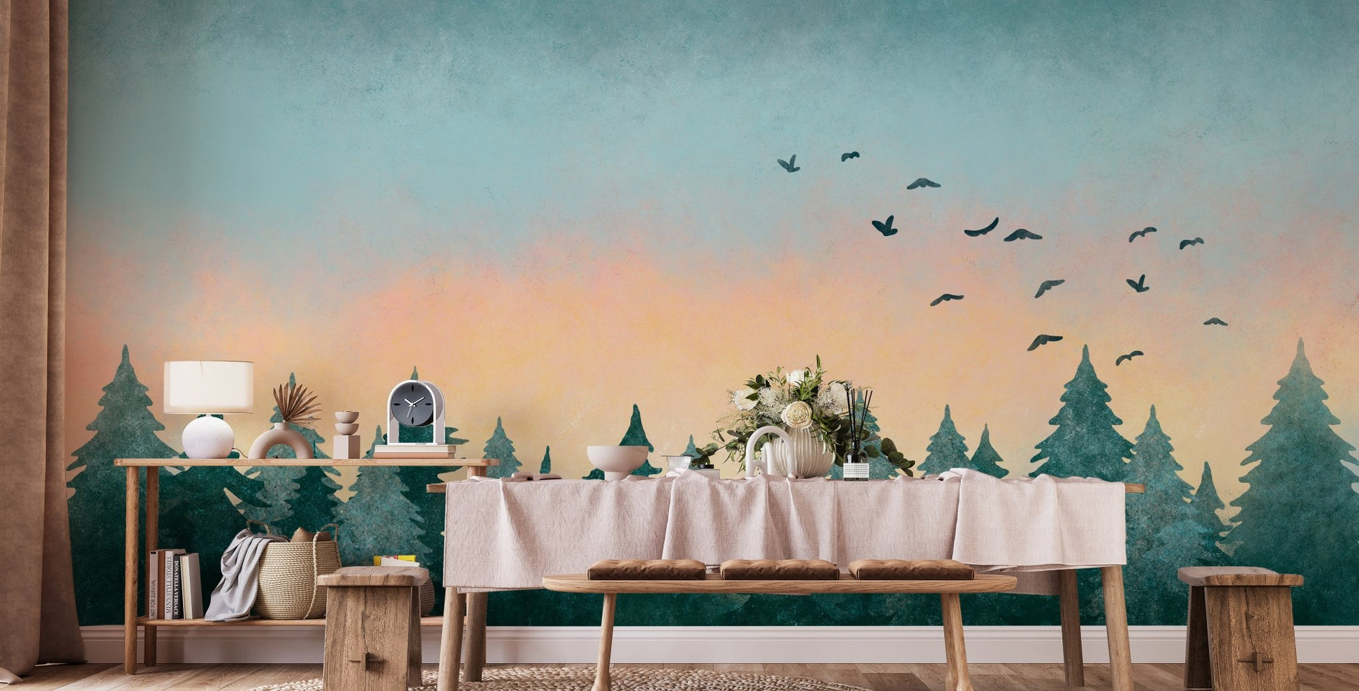 Sunset hues in watercolor tropical wallpaper mural.
