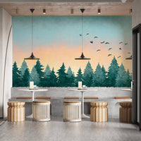Lush tropical scene with a serene sunset mural design.
