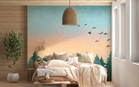 Scenic tropical sunset with lush foliage mural design.
