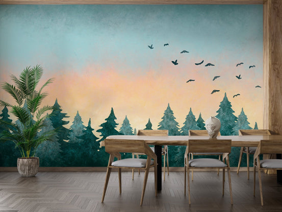 Vibrant watercolor sunset with tropical scenery mural for dining room wall.
