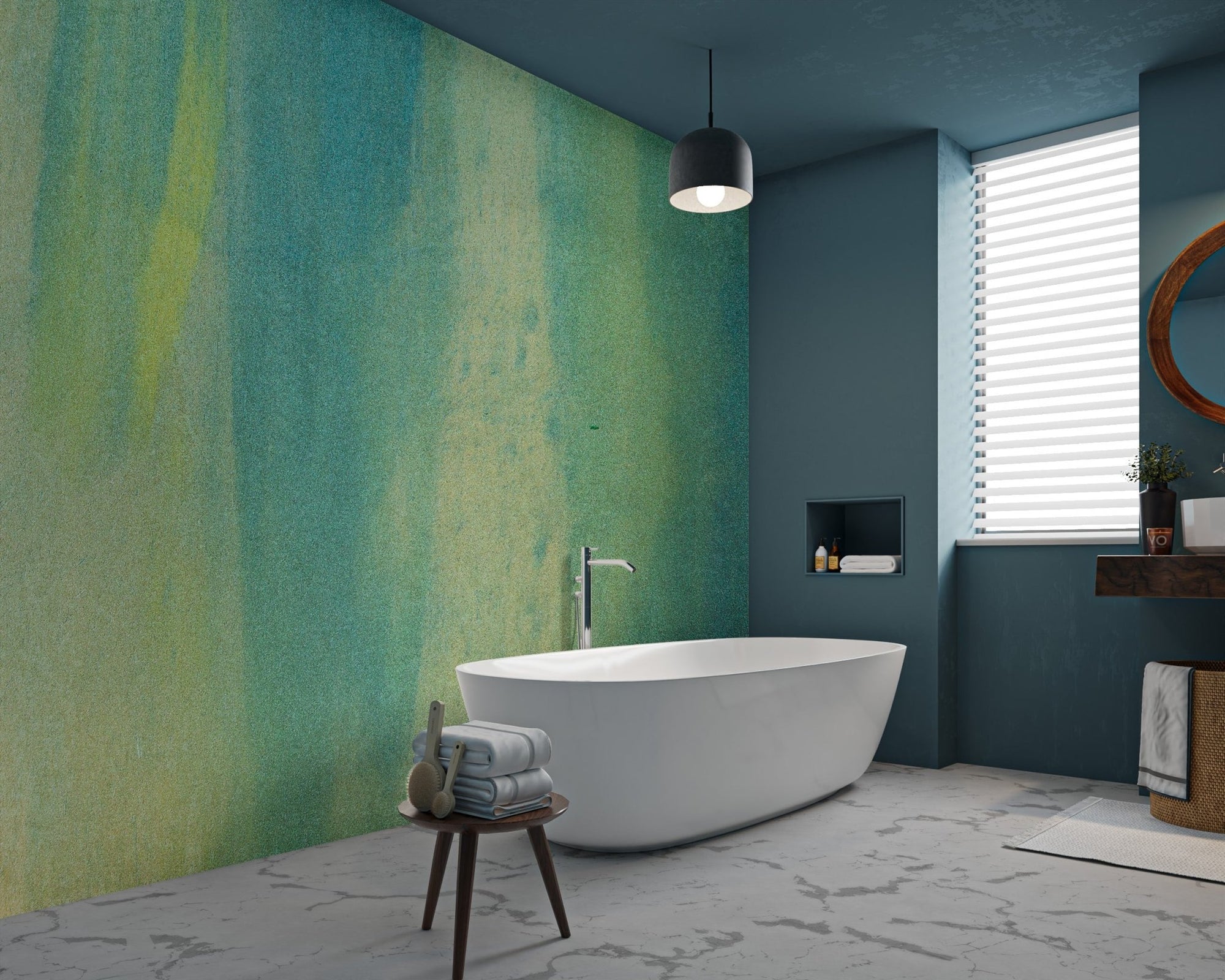 Vertical teal and lime paint strokes on watercolor textured grunge wallpaper.