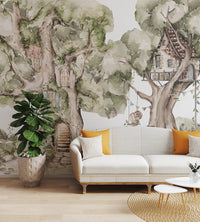 Enchanting forest treehouse wall mural with owls, fawn and butterflies.