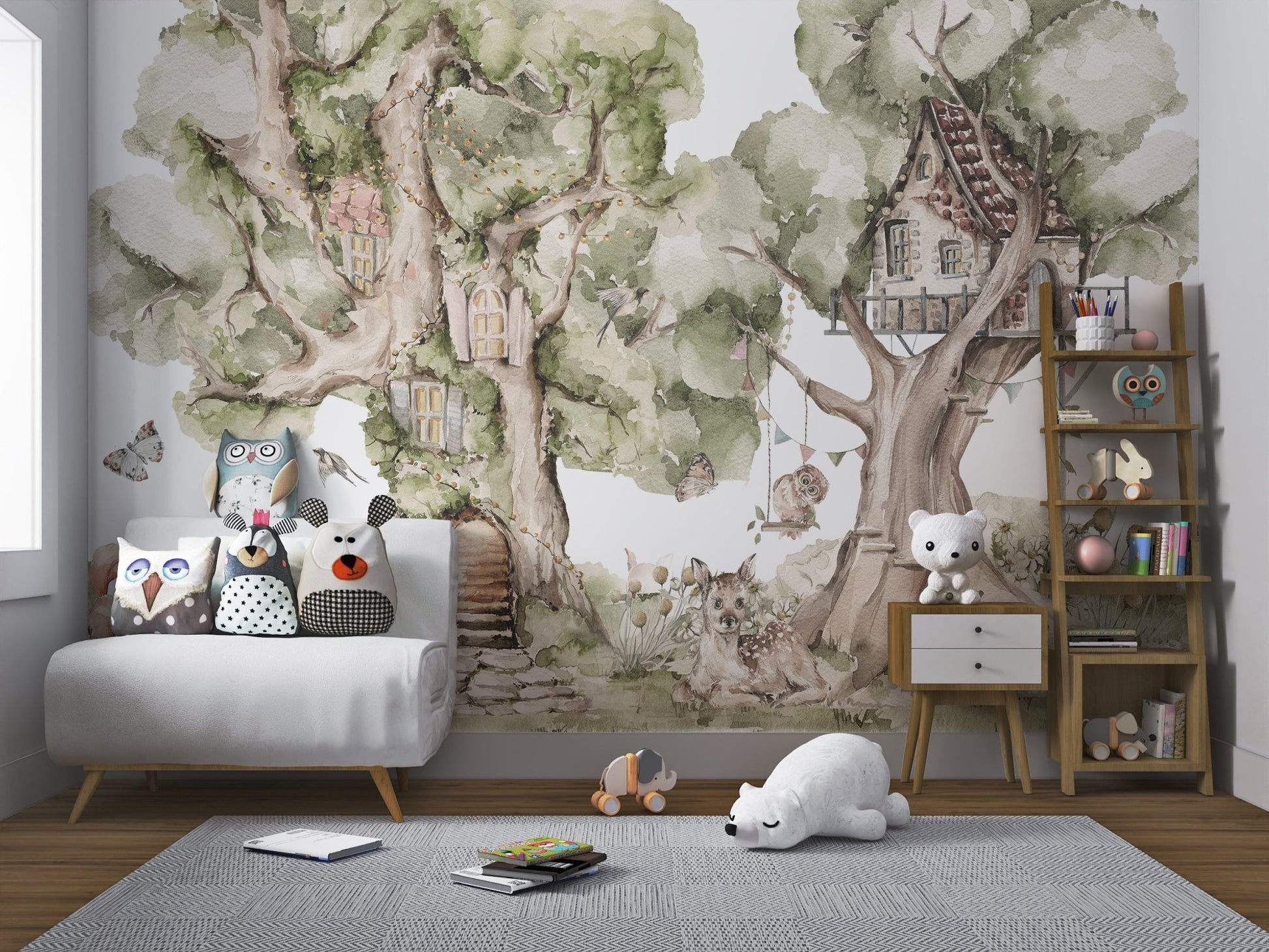 Watercolor mural with tree cottages and whimsical animals in kids room.
