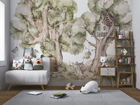Watercolor mural with tree cottages and whimsical animals in kids room.