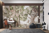 Tree cottage mural featuring lush greenery and fairy-tale for study room.