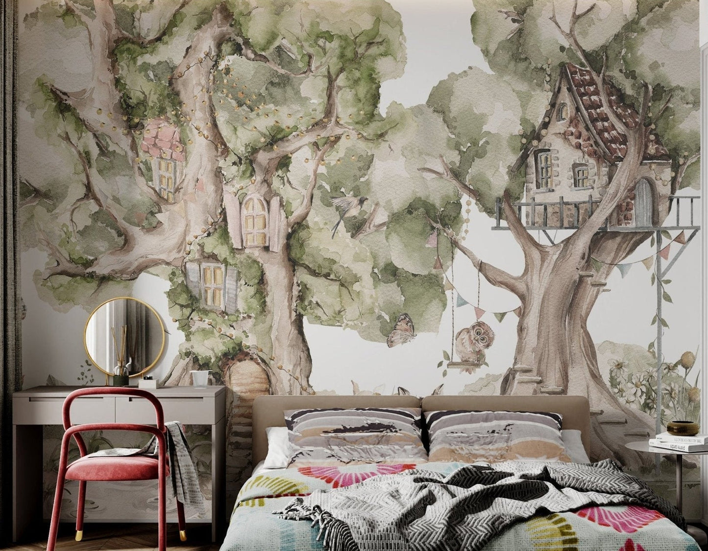 Playful treehouse wall mural with animals, butterflies, and leafy trees for bedroom.