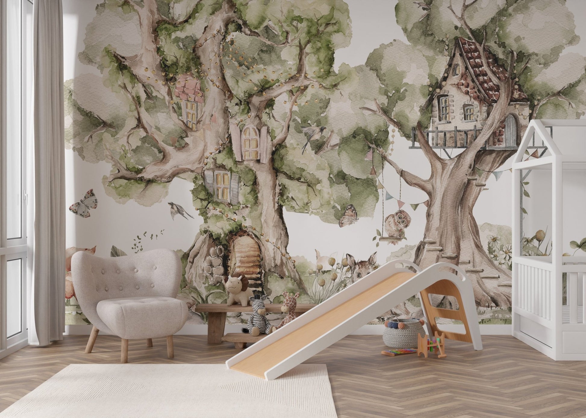 Green foliage and rustic tree dwellings wall mural for modern nursery.