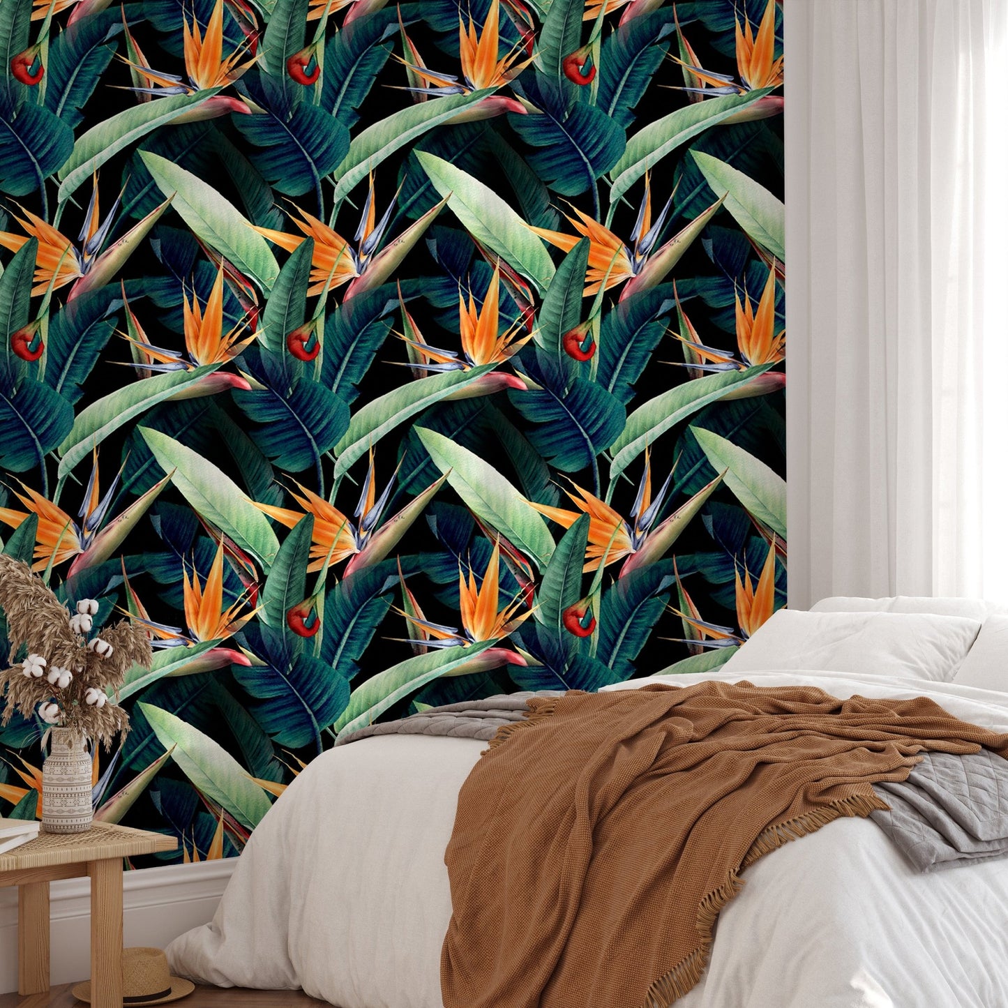 Bedroom feature wall with Watercolor Tropical Leaves Seamless Wallpaper.