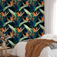 Bedroom feature wall with Watercolor Tropical Leaves Seamless Wallpaper.