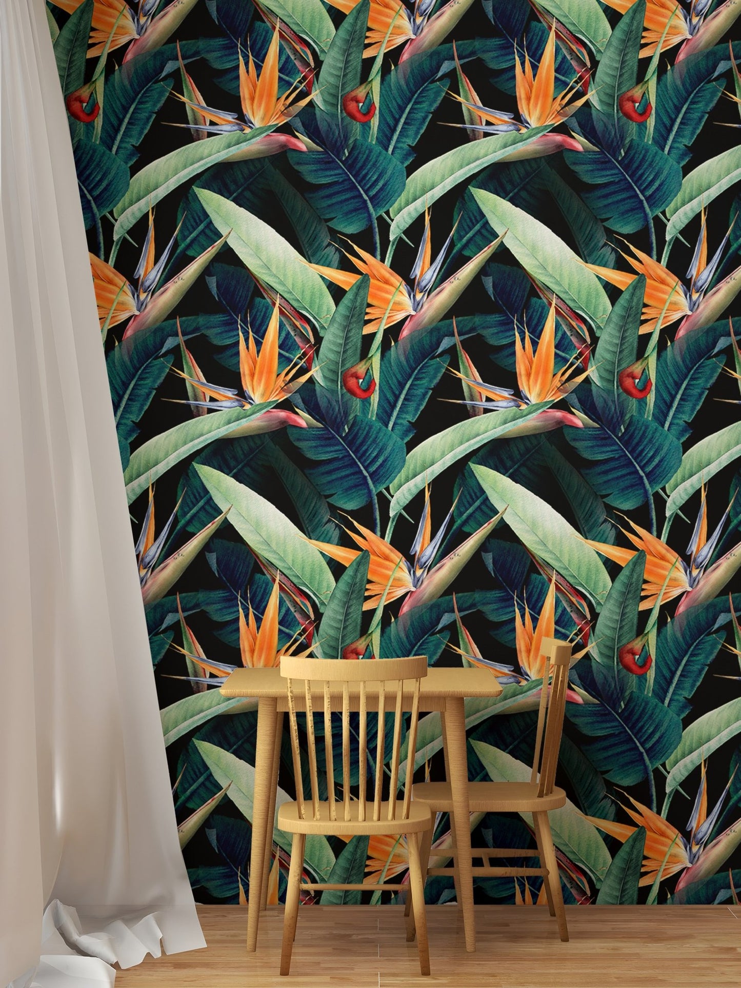 Elegant wallpaper with dark leaves for a contemporary study room.