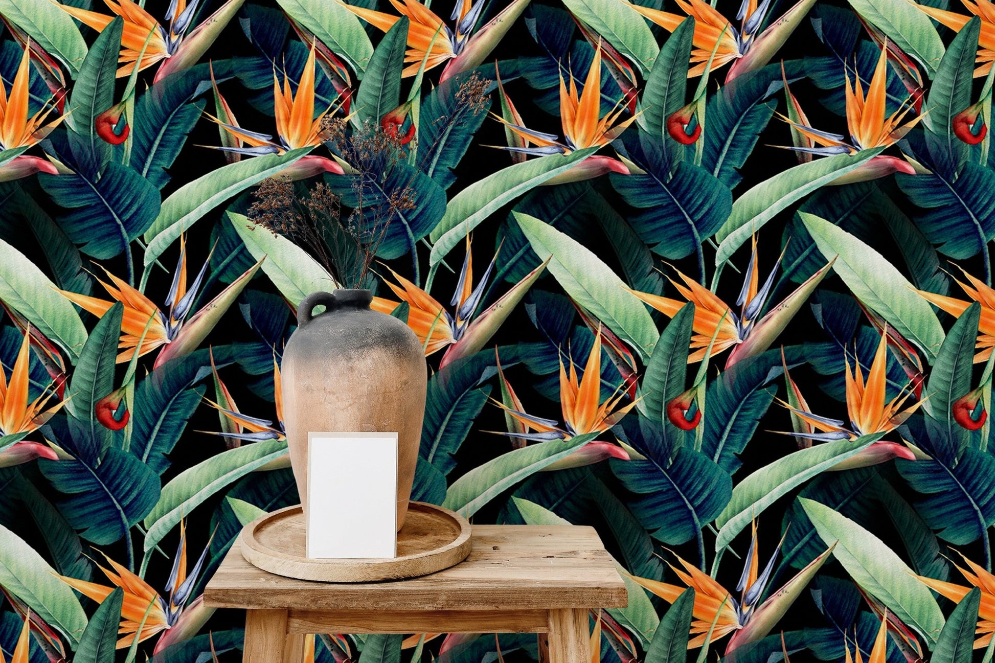 Feature wall design using Watercolor Tropical Leaves Seamless Wallpaper.