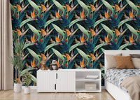 Bedroom interior showcasing Watercolor Tropical Leaves Seamless Wallpaper.