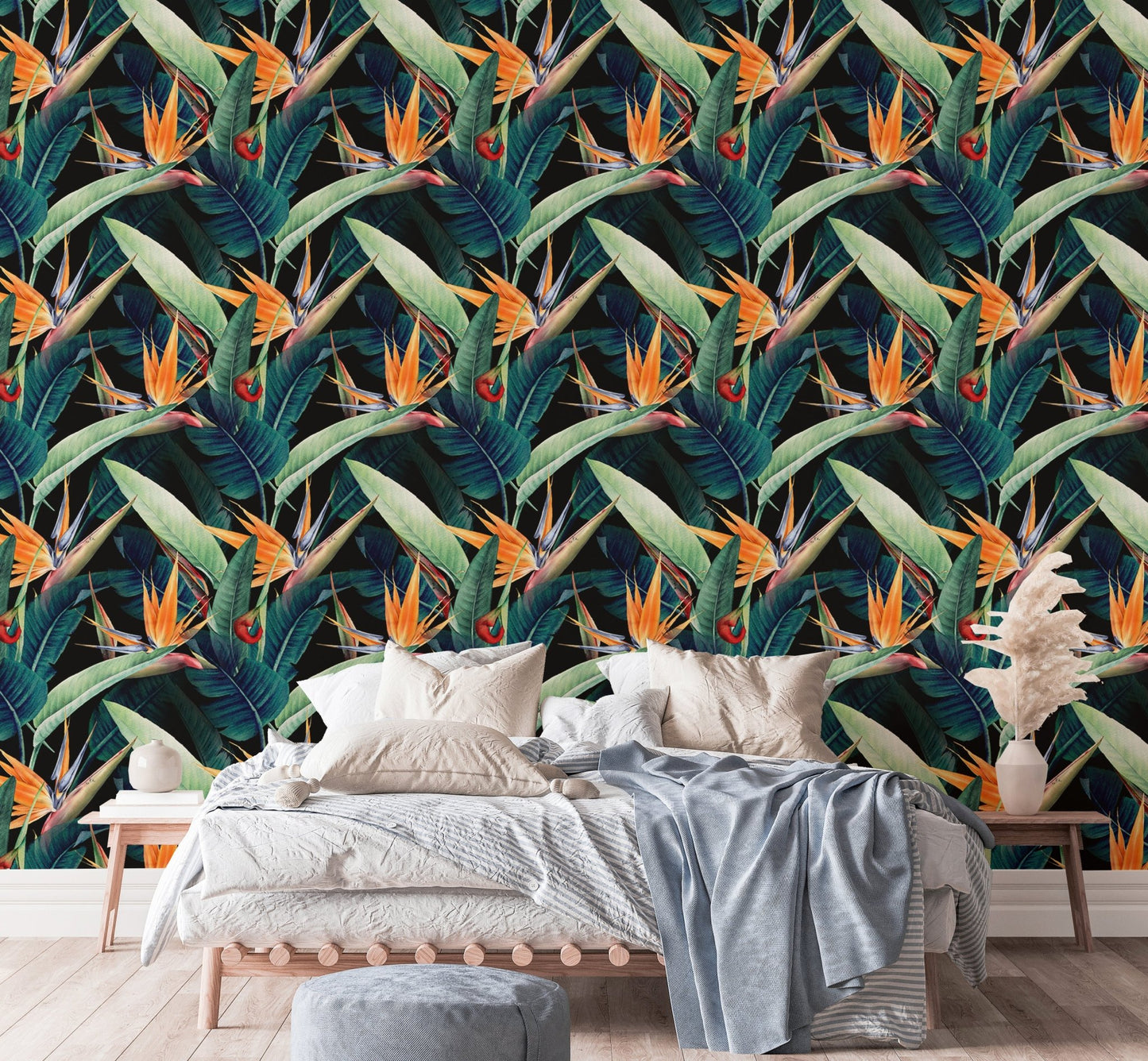 Watercolor Tropical Leaves Seamless Wallpaper in a modern bedroom setting.