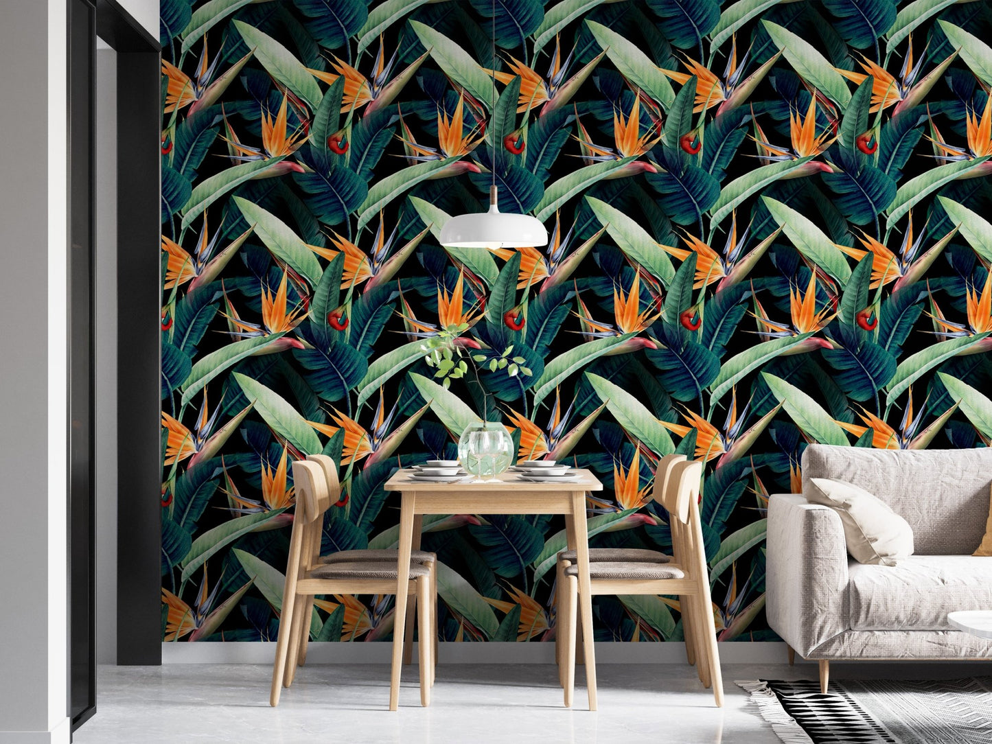 Botanical pattern wallpaper in a minimalist dining room area.
