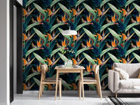Botanical pattern wallpaper in a minimalist dining room area.