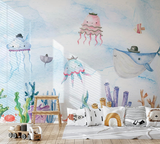 Sea turtle swimming among ocean plants in a soft blue wall mural.