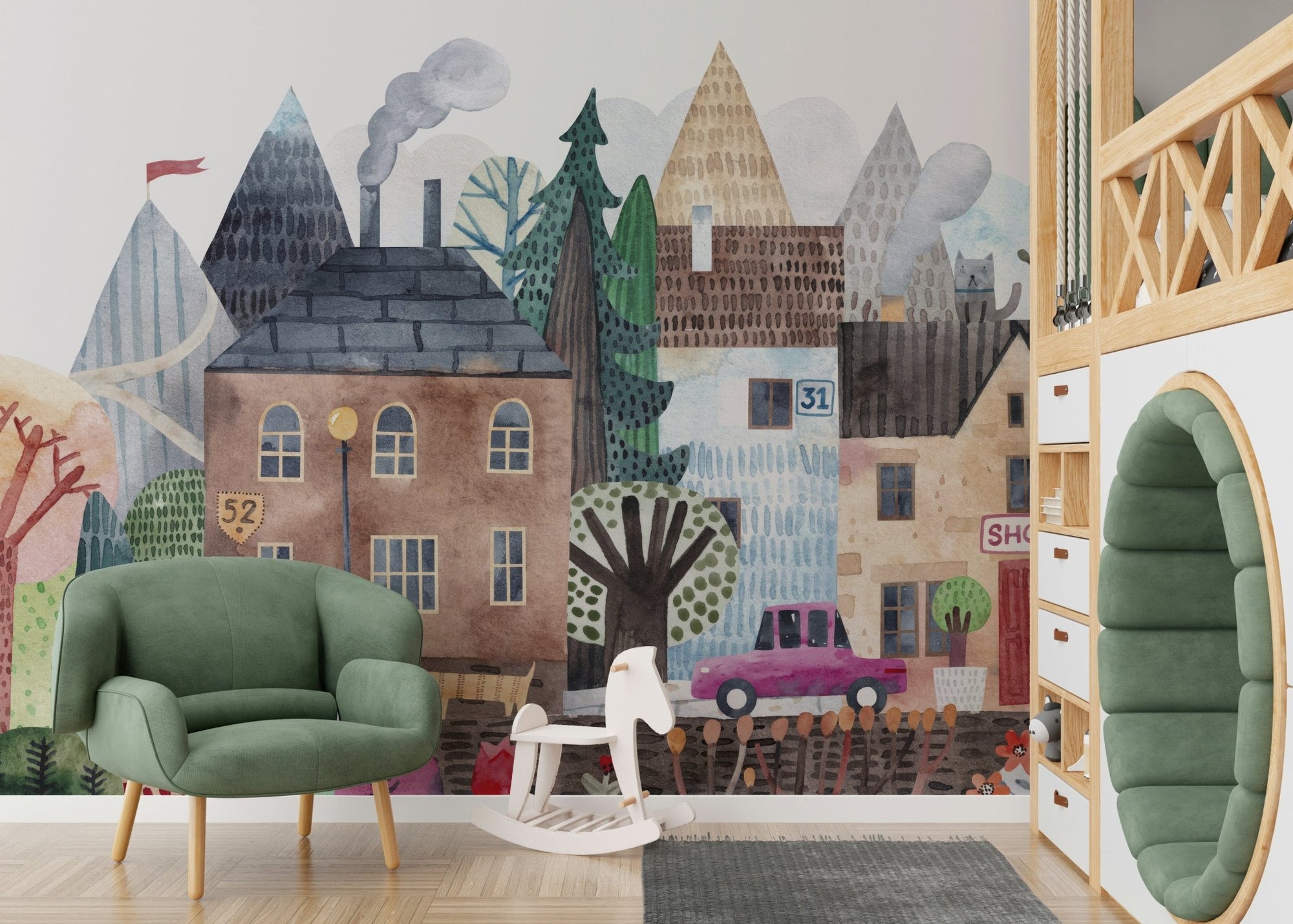 Artistic village landscape wallpaper with soft pastel hues