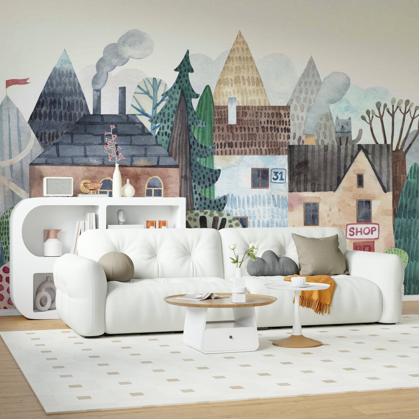 Watercolor Village Vista Wall Mural in light blue and green