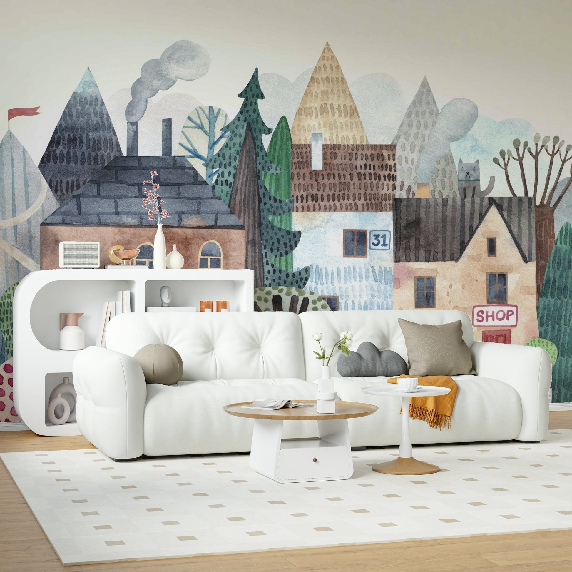 Watercolor Village Vista Wall Mural in light blue and green