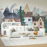 Watercolor Village Vista Wall Mural in light blue and green