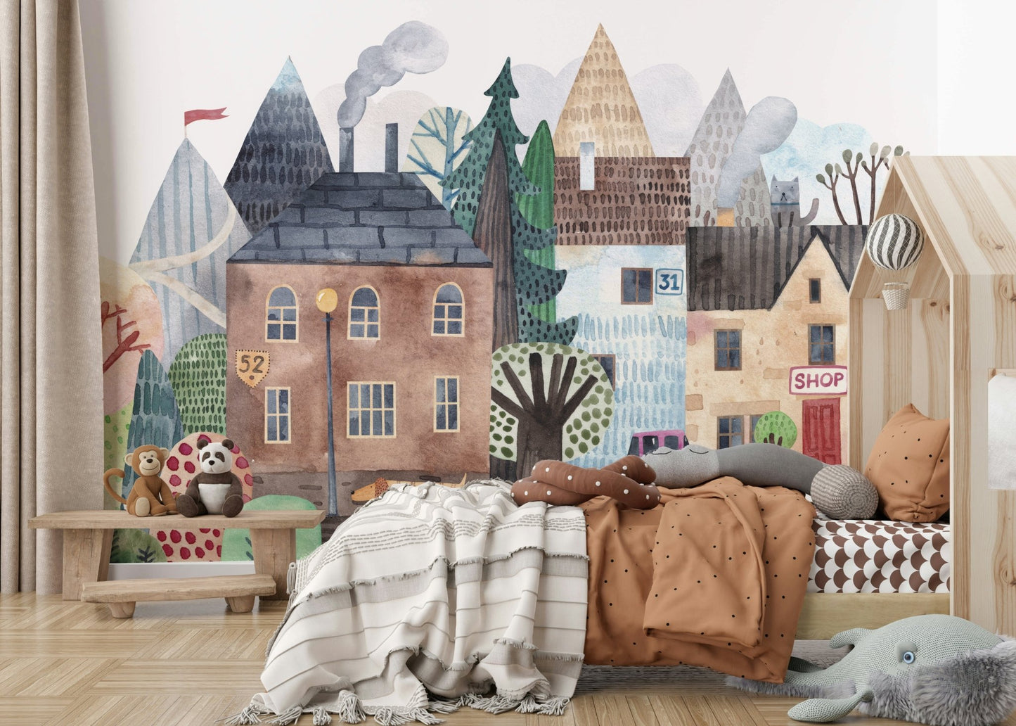 Hand-painted style wallpaper featuring rustic architecture