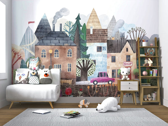 Serene Watercolor Village Vista Wall Mural for wall decor