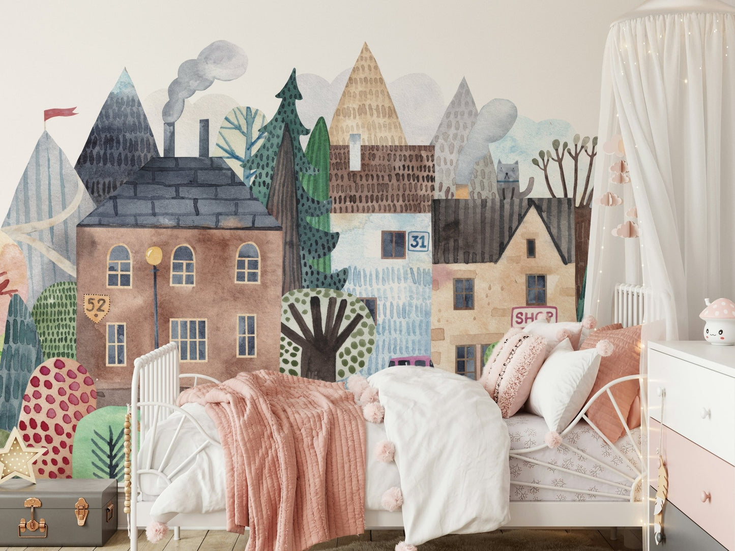 Minimalist scenic wall mural with hand-painted village detail