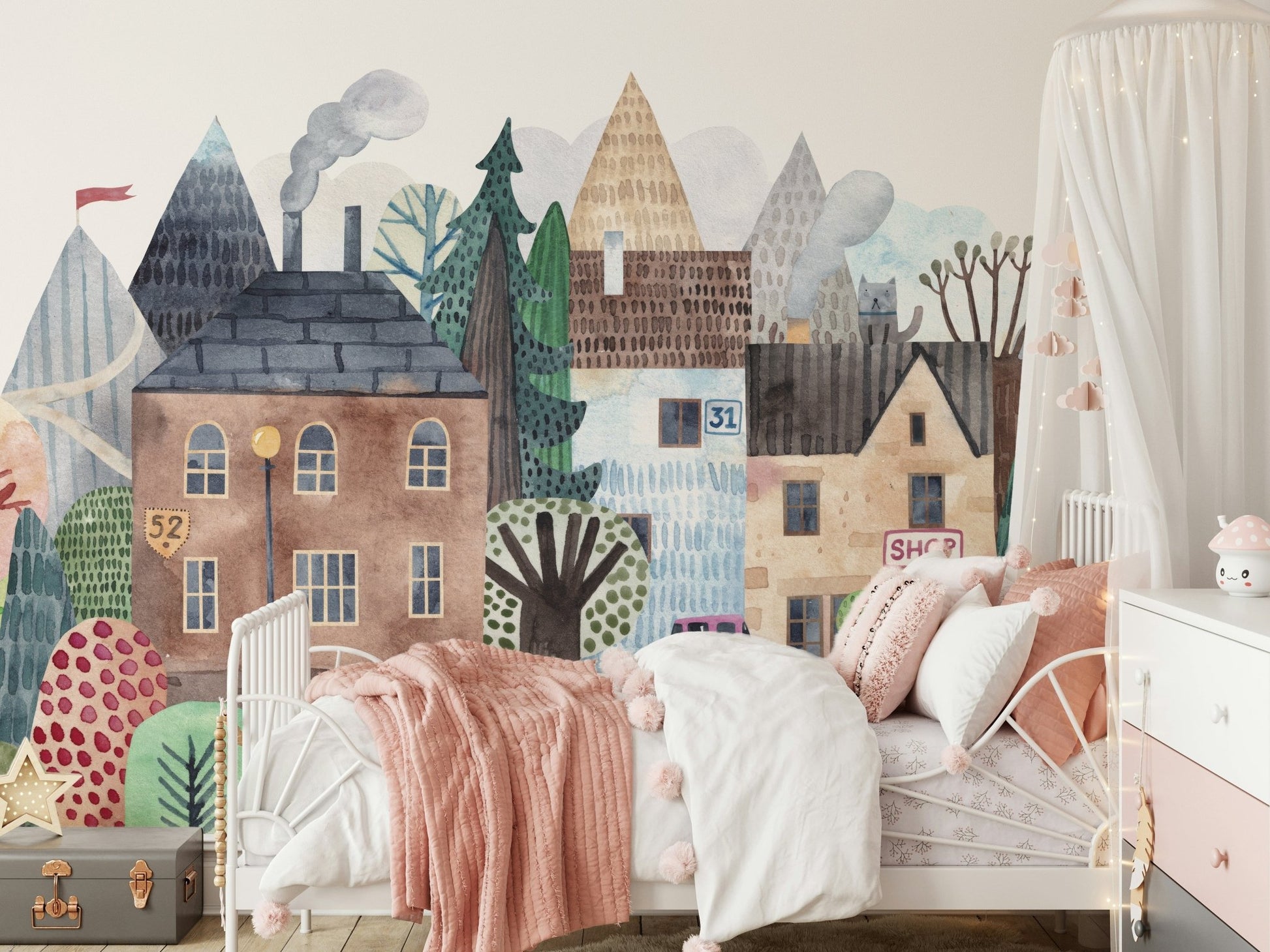 Minimalist scenic wall mural with hand-painted village detail