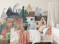 Minimalist scenic wall mural with hand-painted village detail
