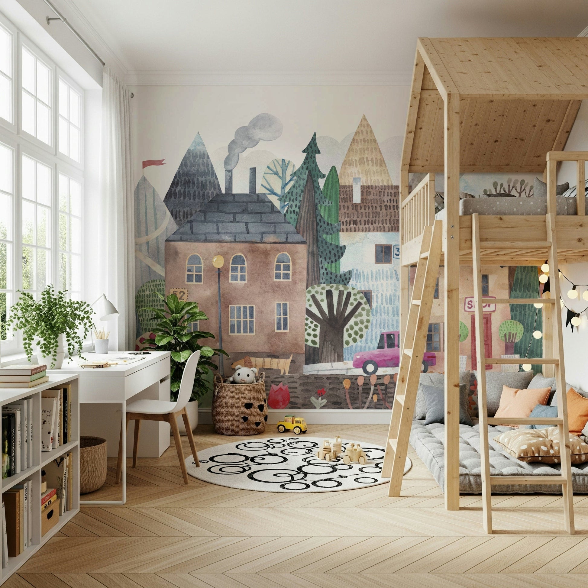 Detailed landscape illustration wallpaper for a feature wall