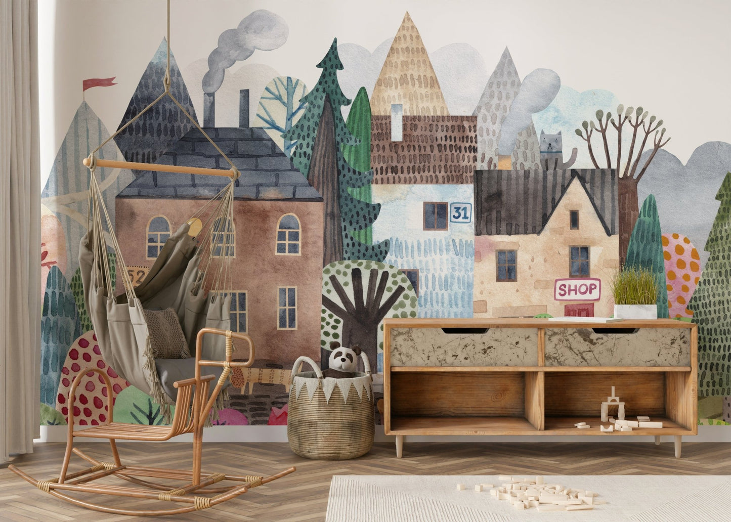 Watercolor Village Vista Wall Mural with subtle earth tones