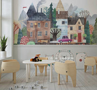 Soft focus village vista wall mural with neutral background