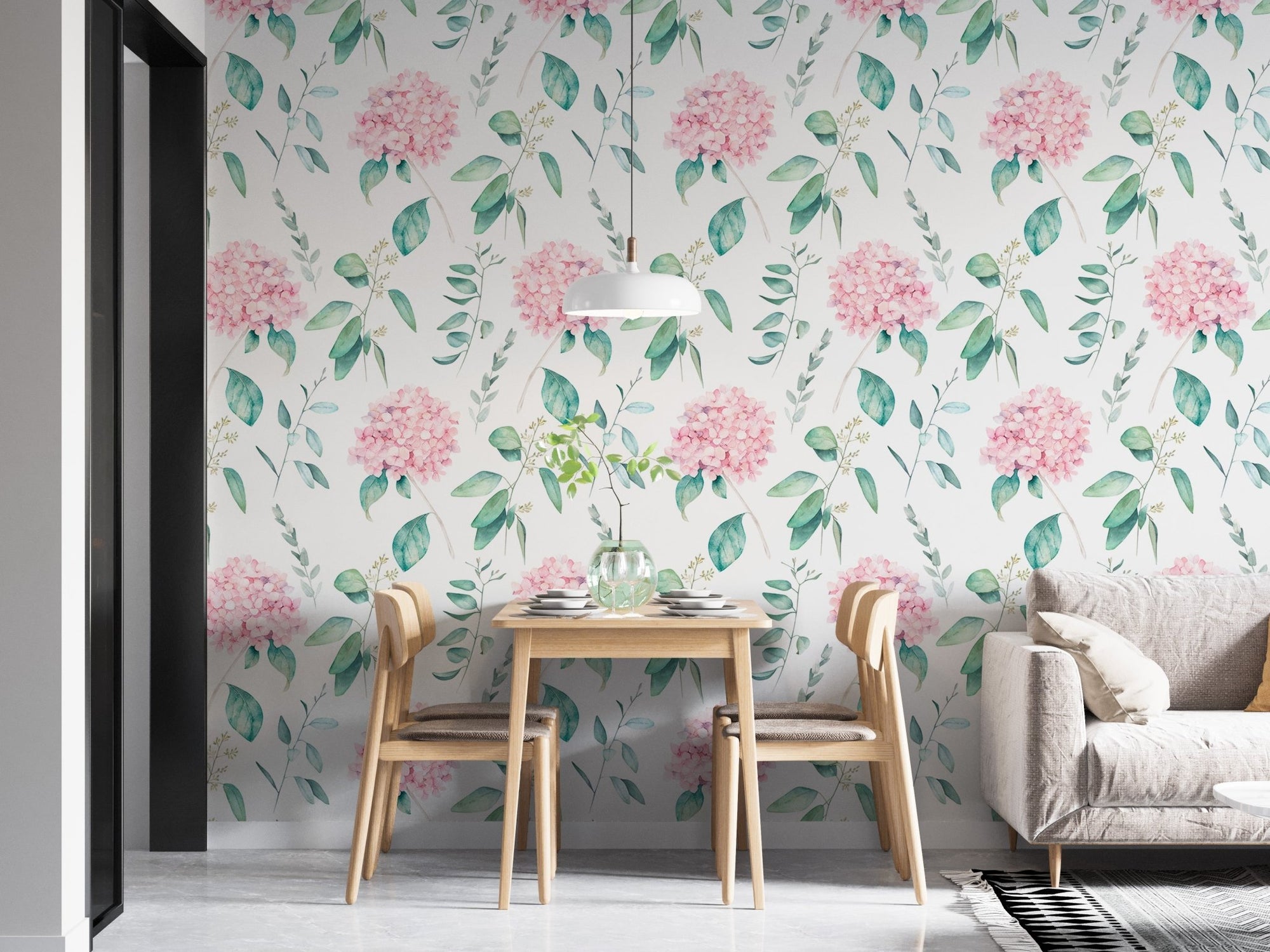Flower wallpaper in a dining area with wooden table and chairs.