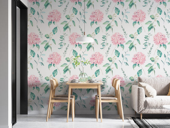 Flower wallpaper in a dining area with wooden table and chairs.