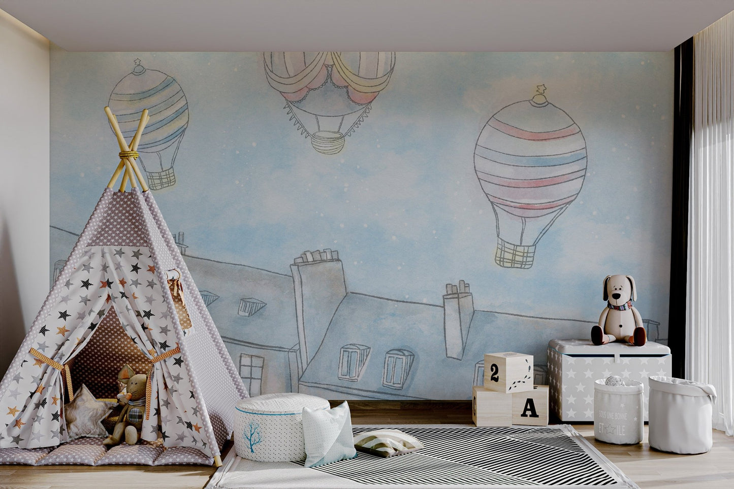 Vintage style flying balloons over urban houses wall mural.