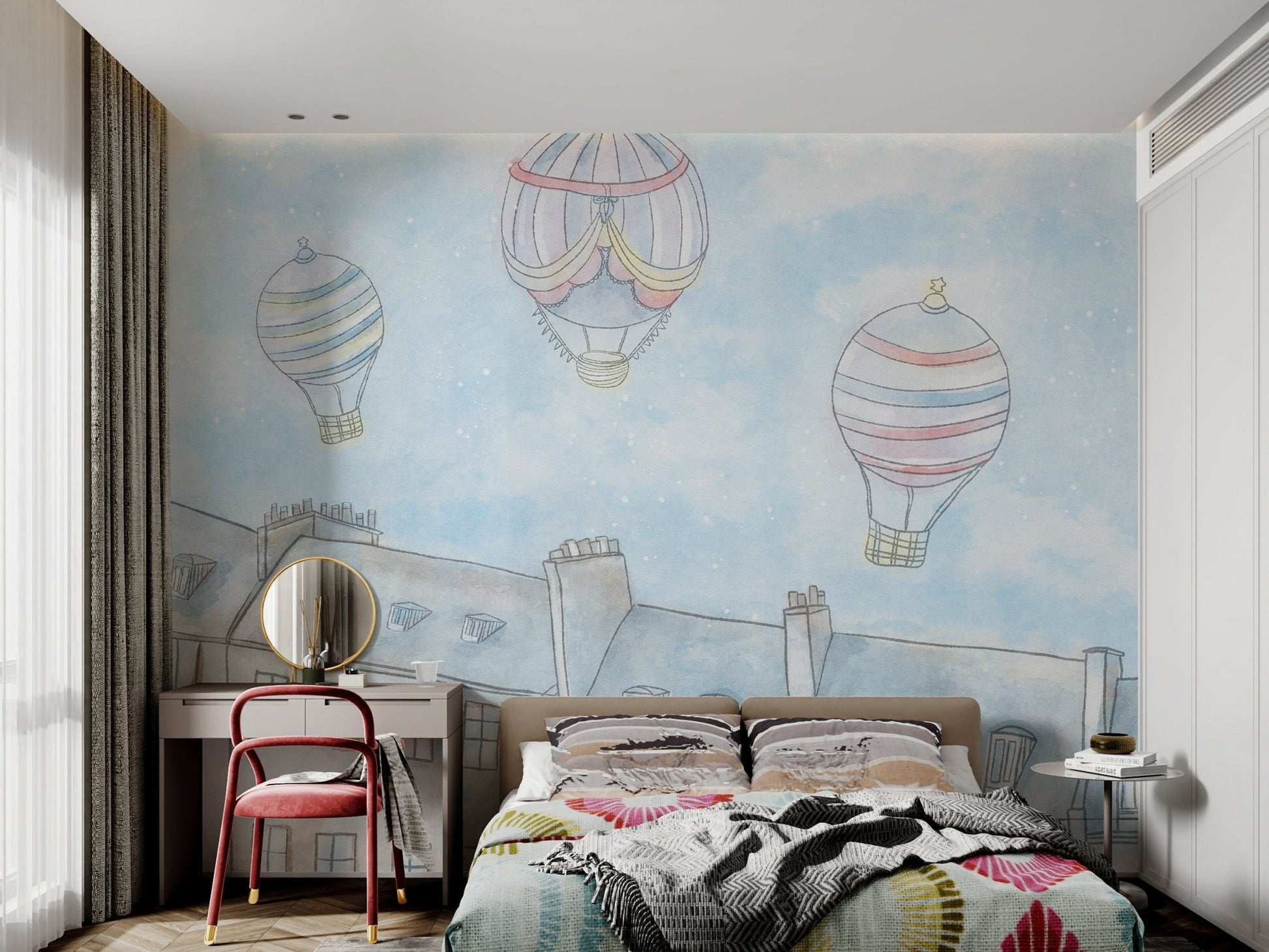 Blue and yellow striped hot air balloon illustration wall mural for kids bedroom.