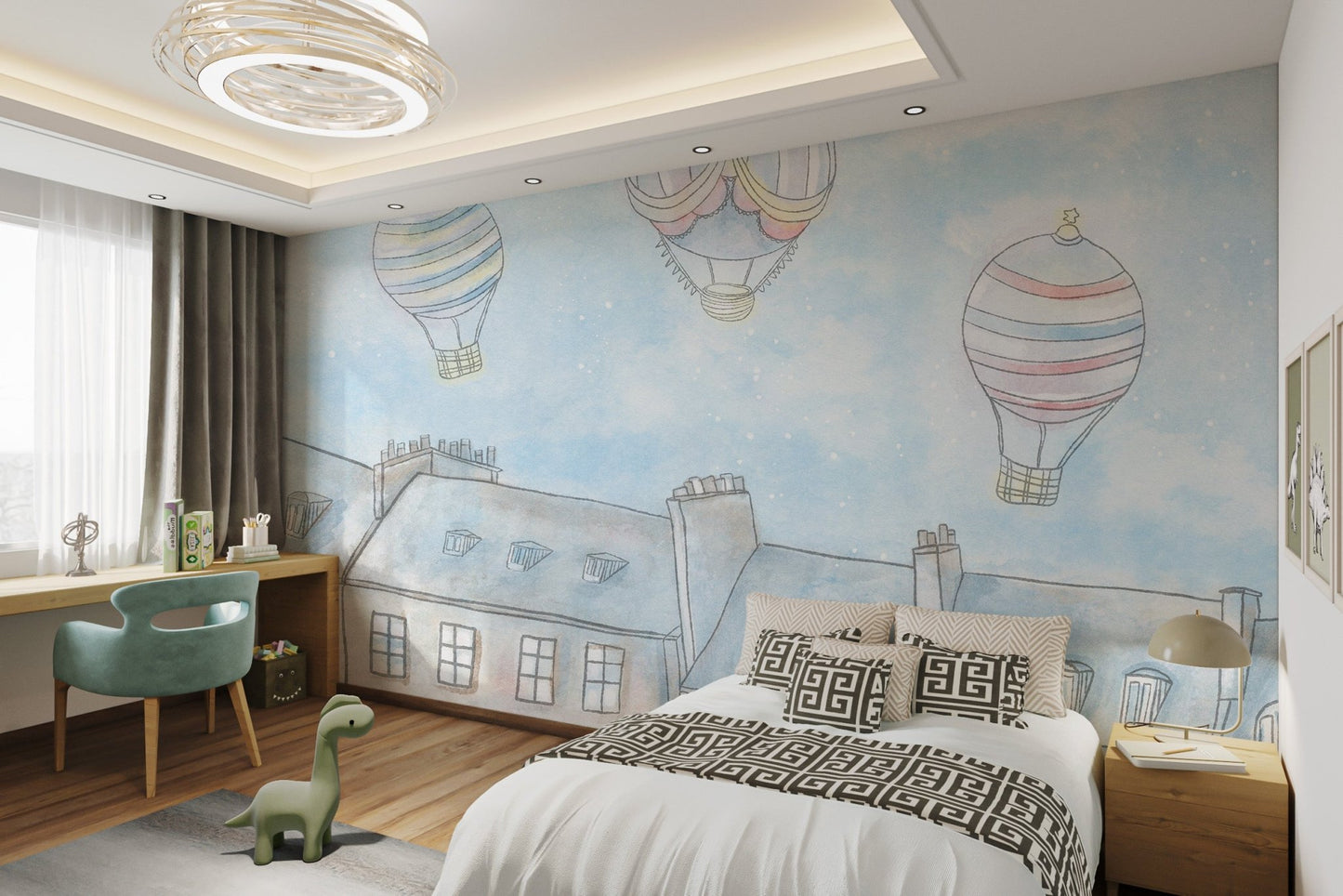 Pastel colored hot air balloons in a light blue sky wall mural for child's bedroom.