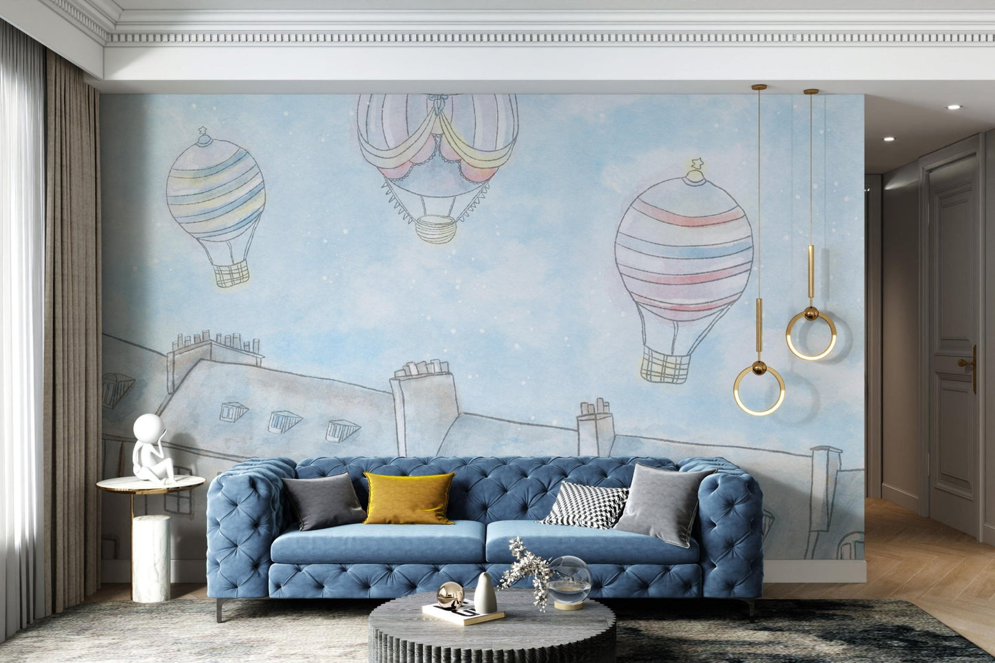 Watercolor vintage hot air balloon wall mural for modern hallway.