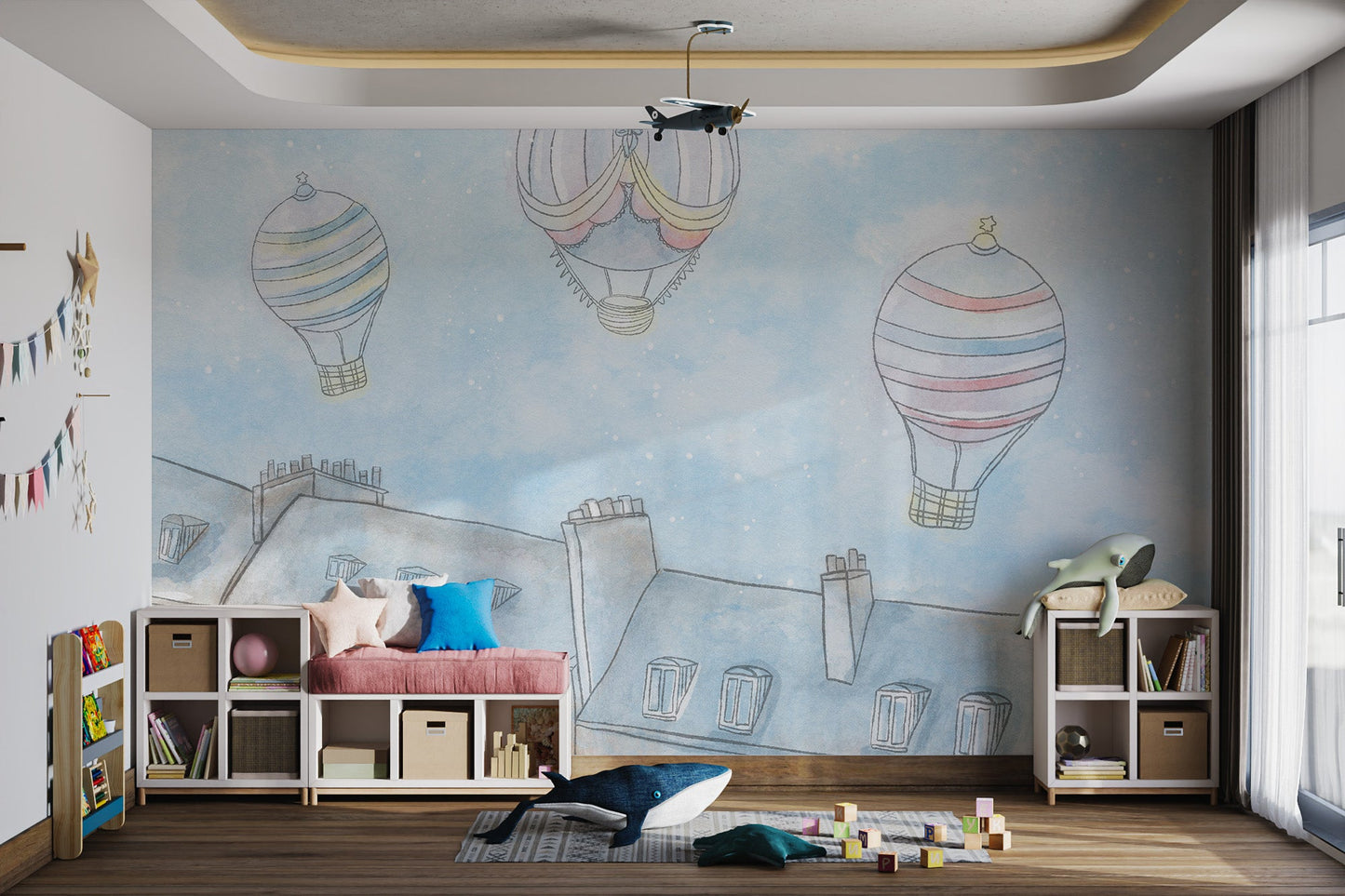 Three pastel balloons floating over grey city buildings wall mural for kids room.