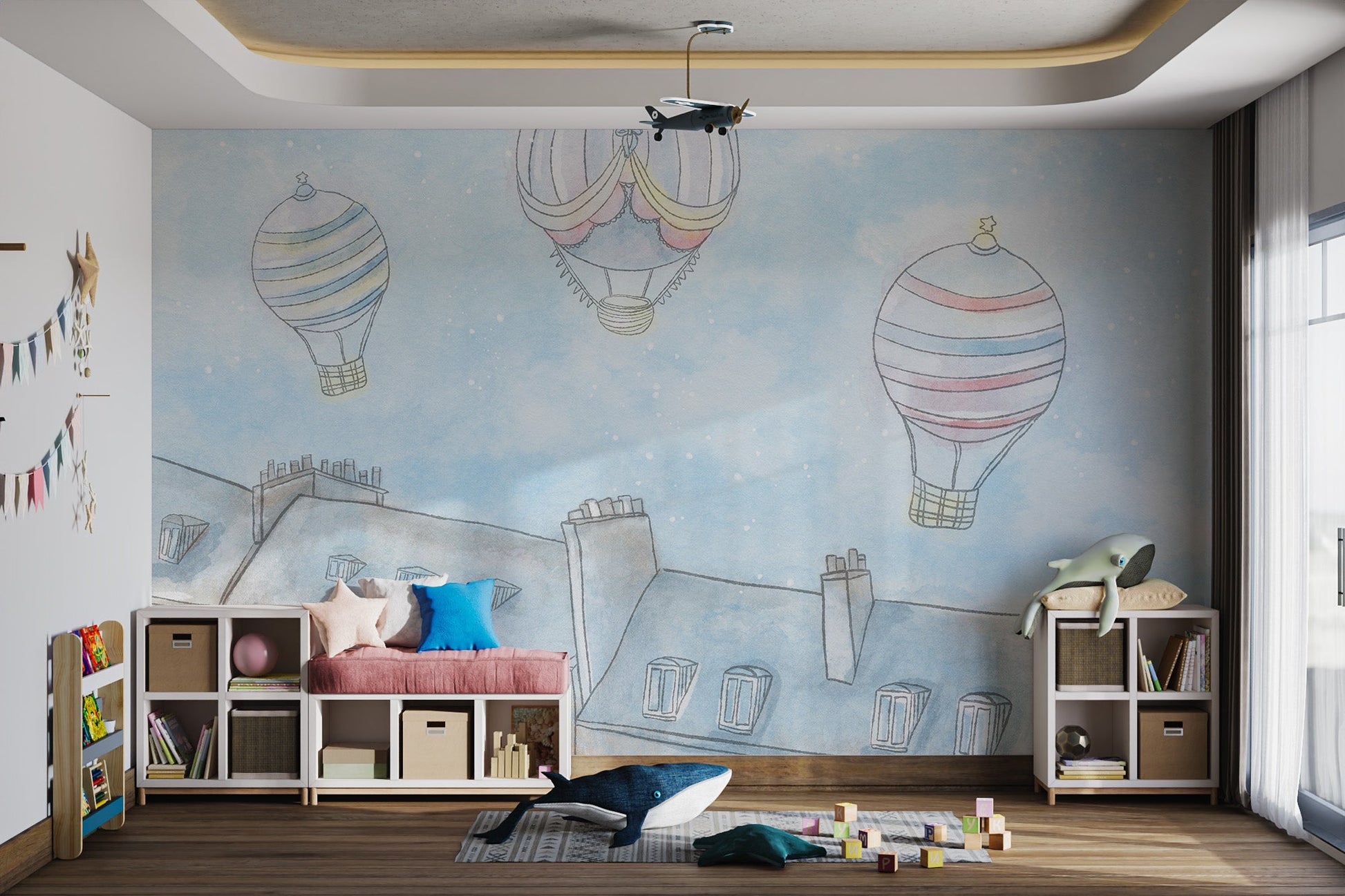 Three pastel balloons floating over grey city buildings wall mural for kids room.