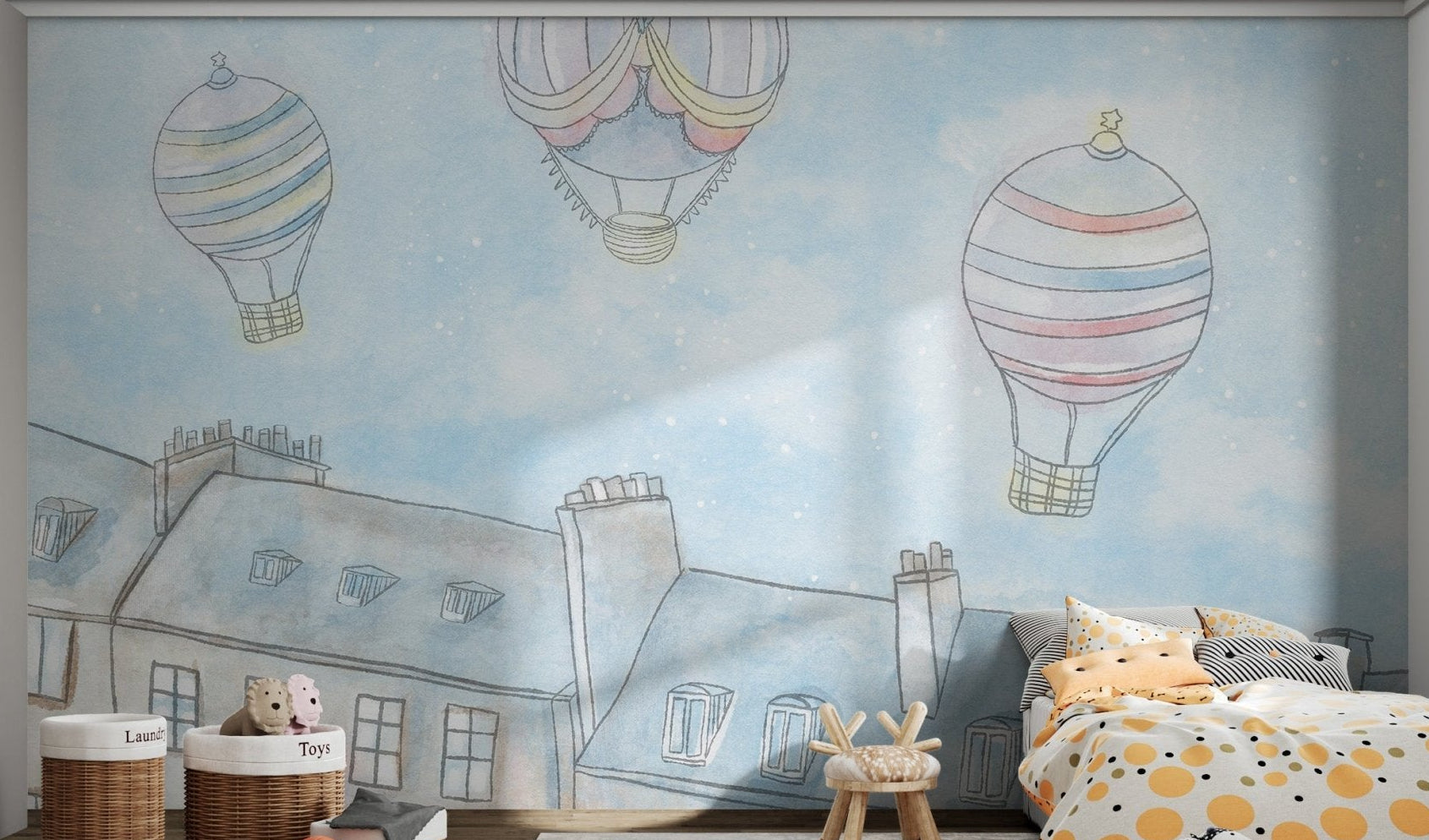 Grey rooftop chimneys under a starry watercolor sky wall mural. 