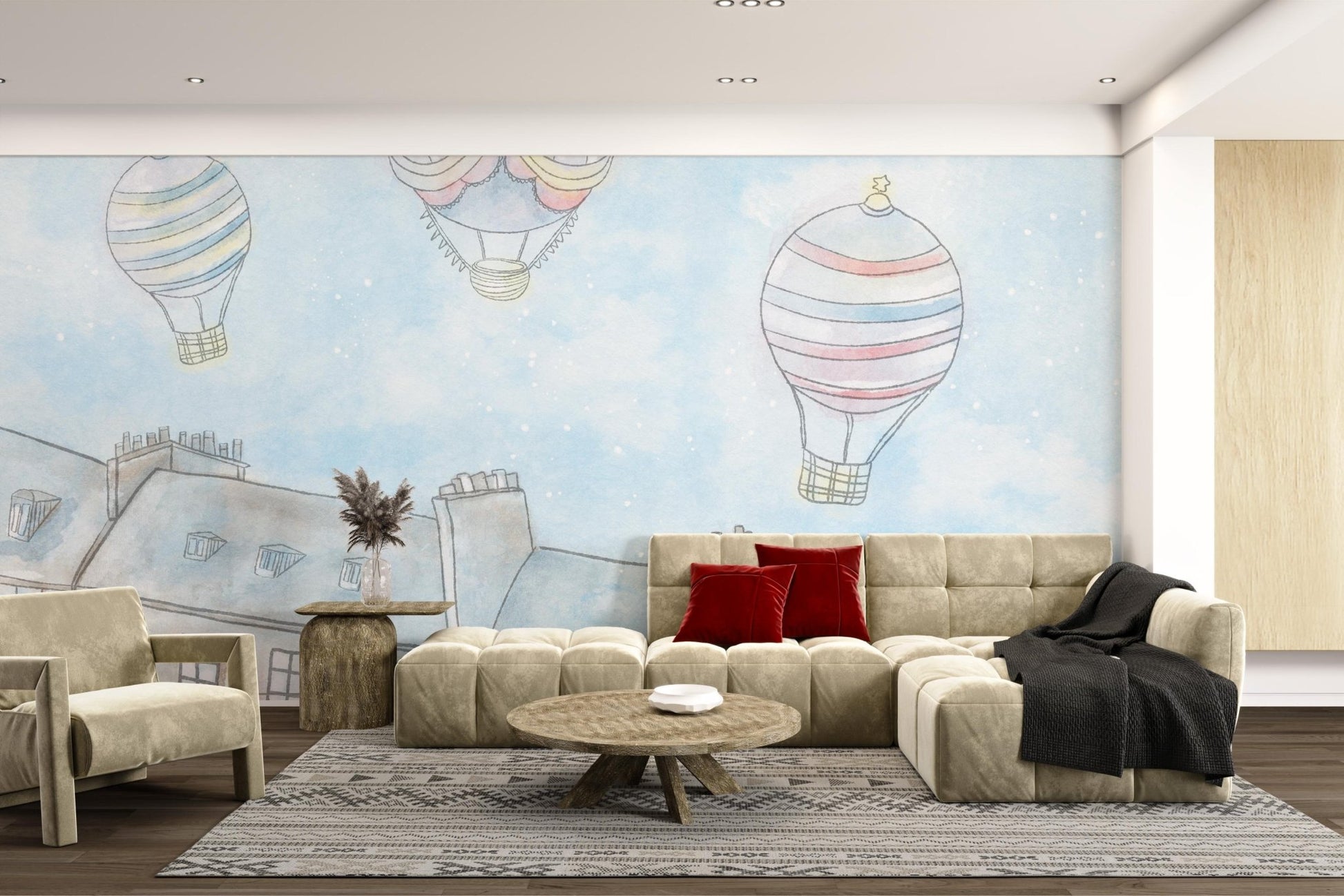 Hand-painted sky with white stars decorative wall mural in living area.